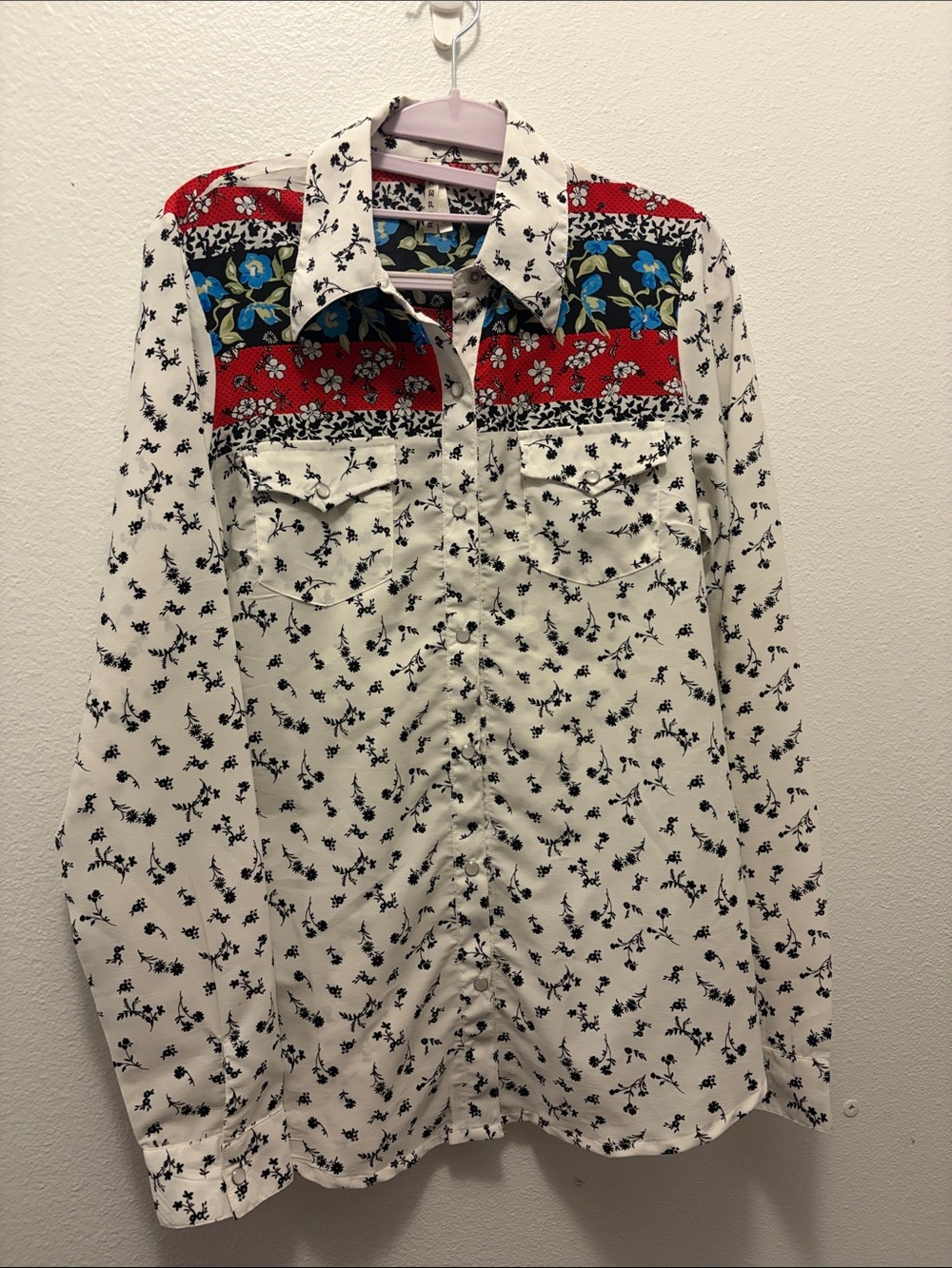 Roper White Button-Down Shirt with Red & Blue Floral Yoke